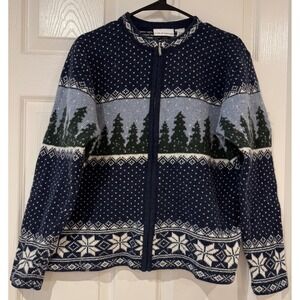 Vintage Winter Forest Wool Blend Full Zip Up Cardigan Sweater Size L Trees Cabin